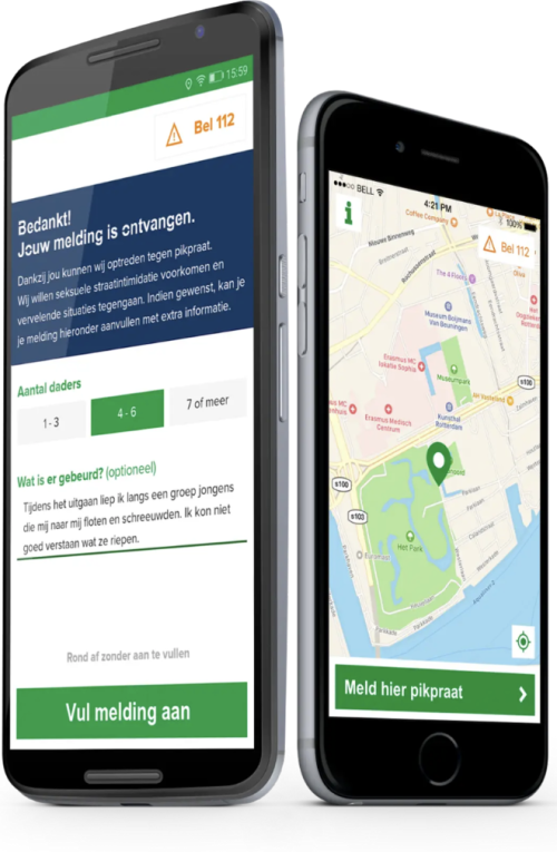 Beeld van een iPhone en een Android mobiele telefoon. Op de schermen zijn er onderdelen van de StopApp te zien. De app waarmee je seksuele straatintimidatie kan melden binnen de gemeente Rotterdam.